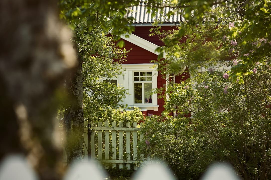 Falurött trähus med vita fönsterramar och vit staket framför grön trädgård